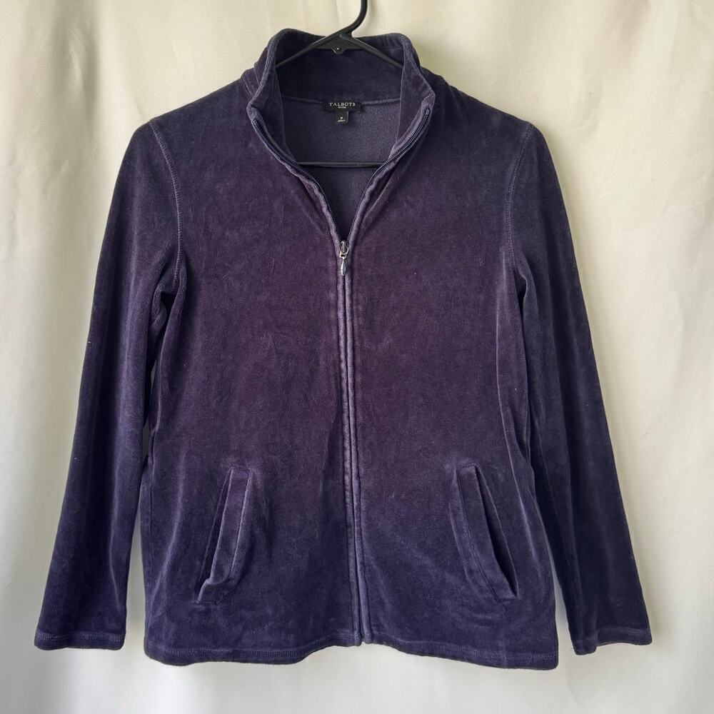 Talbots Womens Full Zip Velour Cardigan Size Petite Navy‎ Blue Athleisure Casual